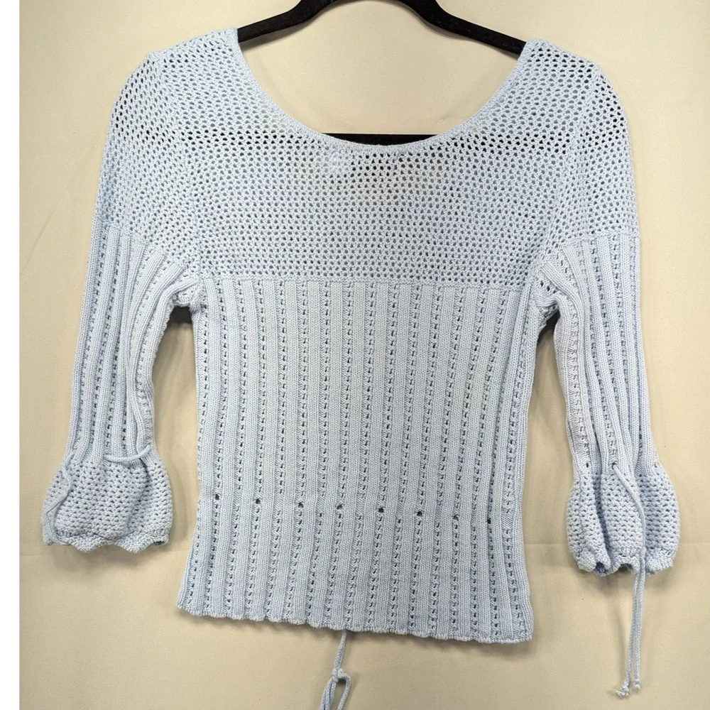 Retango Knit Sweater Blue Medium Drawstring Tie Bell Sleeve Cropped‎ Cotton